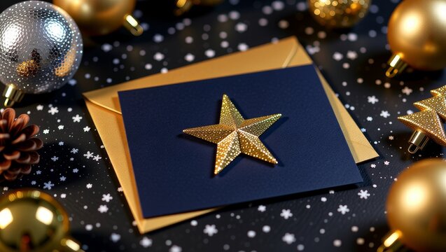 Christmas card with gold star and festive decorations