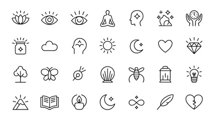 Collection of spiritual and wellness symbols for holistic health and mindfulness design