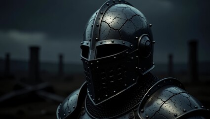 Cracked knight helmet with damaged armor in dark setting