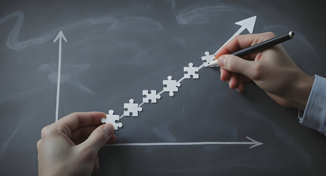 Conceptual representation of business growth and progress using puzzle pieces on a graph.