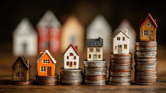 A collection of miniature houses sits atop stacks of coins, symbolizing real estate investment and financial growth in a visually appealing manner.