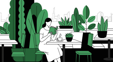 Fototapeta premium Illustration of a woman reading a book in a cafe with green plants and city view concept design