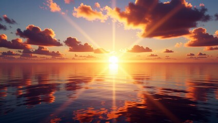 Sunset over calm ocean with golden reflection