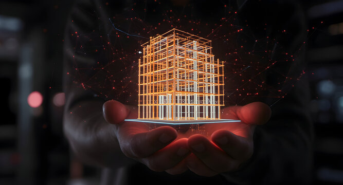 Digital representation of a futuristic building held in a persons hand, glowing with energy.