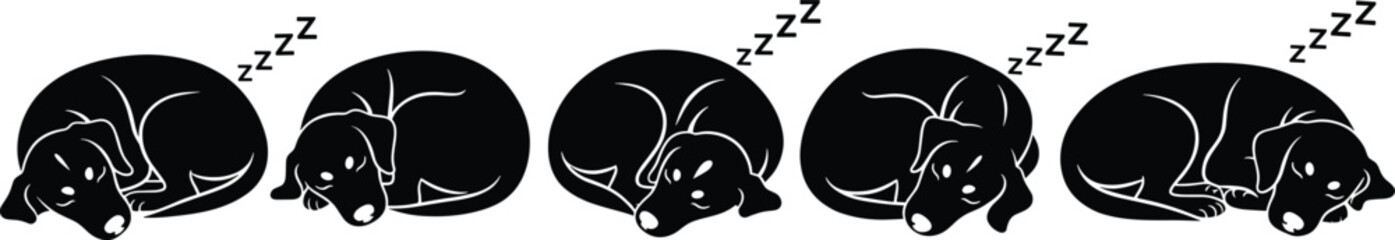 Sleeping dog silhouettes, curled up pets, black dog icons, peaceful rest, cartoon animals, pet clipart, nap design, vector dogs
