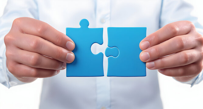 Hands holding two blue puzzle pieces ready to connect.