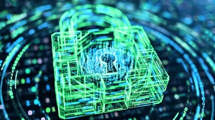 Neon green digital lock graphic with blue binary code and glowing lines - Powered by Adobe