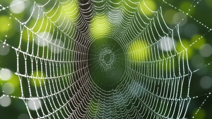 Dewcovered spider web in green forest