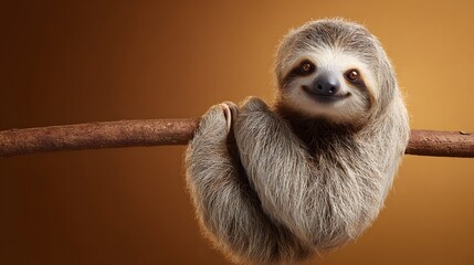 Obraz premium Adorable Sloth Hanging on a Branch with a Gentle Smile, Close-up Portrait.