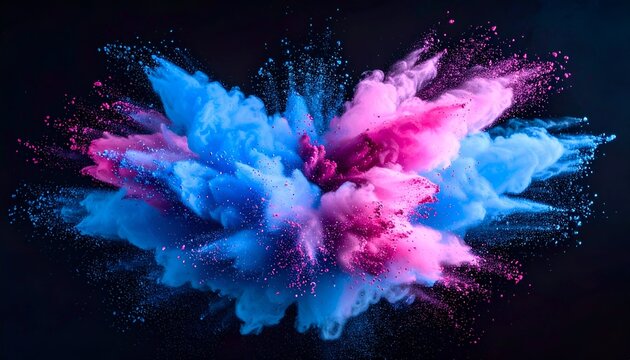 A vibrant cloud of blue and pink powder explodes against a dark backdrop - Powered by Adobe