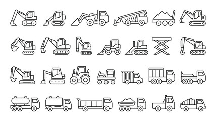 Construction vehicles line art collection excavator bulldozer truck and other machinery