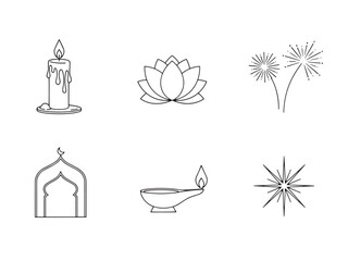 Festival Icons Collection. Festival of Lights linear icon set: candle, lotus, fireworks, temple arch, oil lamp, starburst