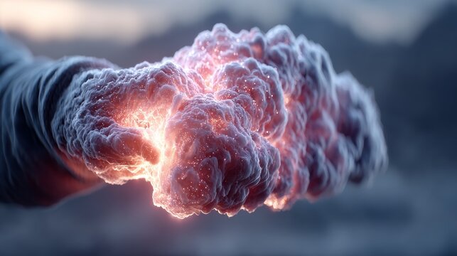 Abstract, glowing, cellular form with vibrant red and pink energy, perfect for scientific visualizations and medical concepts