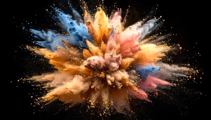 A vibrant burst of multicolored powder against a black background