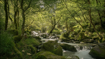 Fototapeta premium confluence. Two forest streams merging into a single river, blending water currents, mossy rocks, dappled sunlight through trees. ESG reports.