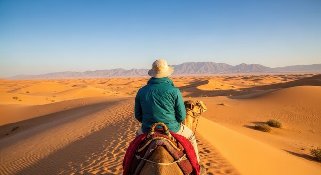 Man riding a camel through a vast desert landscape with mountains in the distance - Powered by Adobe