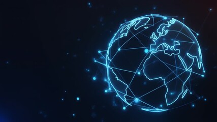 Digital Globe Connection: A vibrant depiction of the world, rendered in digital lines and nodes, symbolizing global connectivity and communication against a dark backdrop, Generative AI. - Powered by Adobe