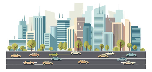 Cityscape with Modern Buildings and Traffic on the Road.