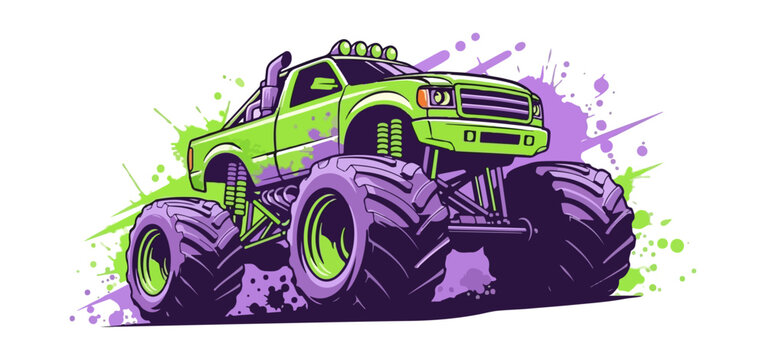 Vibrant illustration of a green monster truck with purple wheels.