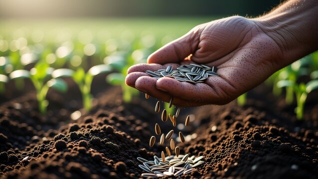 Hand sowing seeds into garden soil - Powered by Adobe
