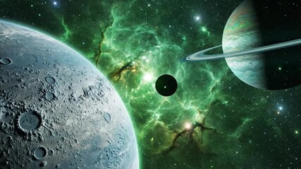 Close-up of a cratered planet, ringed gas giant, and dark orb against a green nebula - Powered by Adobe