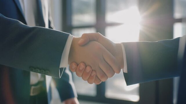 Two business professionals in suits seal a deal, their hands clasped in a firm handshake. The sunlight streams in through the windows, illuminating the moment of connection, Generative AI.