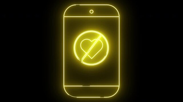 Yellow neon style image phone with heartno symbol icon on display