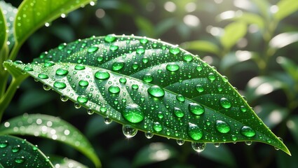 Green leaf with dew in sunlight