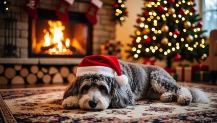 Dog wearing Santa hat by fireplace and Christmas tree