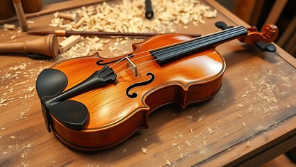Fototapeta premium entitling. Unfinished violin on a workbench surrounded by wood shavings, warm wood tones and traditional craftsmanship. safety posters.