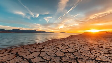 prologue. A receding lake shoreline with exposed cracked dry lakebed under a vast dramatic sunset sky. inspiring travel planning, ESG reports, designed for environmental awareness campaigns.