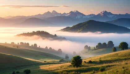 Gentle green hills and valleys covered in low fog lead the eye toward majestic snow-capped peaks in the distance.