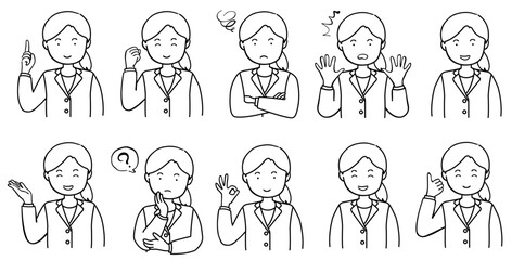 ポーズをとる若い女性のイラストセット　1色