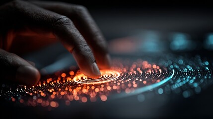 Human hand interacting with glowing digital interface, representing technology, innovation, and futuristic concepts in a dynamic design