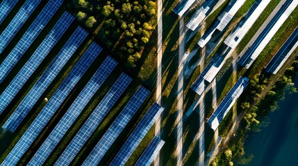 Aerial view of a vast solar panel farm generating clean energy.