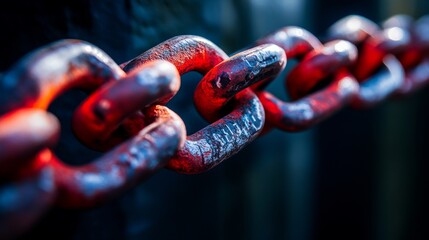 Vivid red chain links glisten under soft light. This image captures strength and resilience. Ideal for themed projects and industrial designs. Generative AI