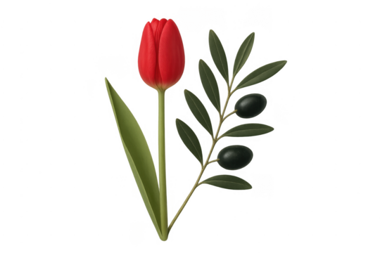 Red tulip with green olive branch on transparent background