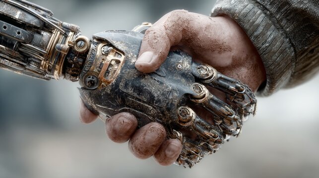 Futuristic handshake between human and robotic hand representing innovation, technology, and collaboration in a gritty, industrial setting