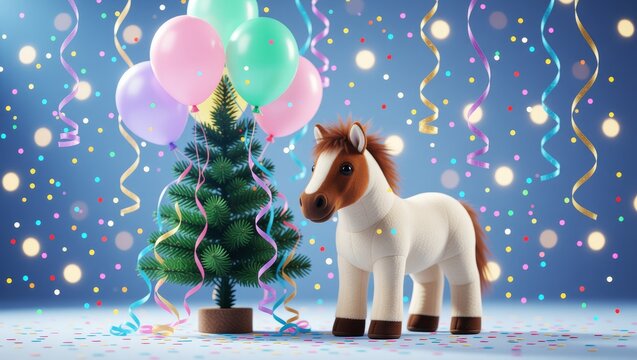 Plush horse with Christmas tree and festive balloons - Powered by Adobe