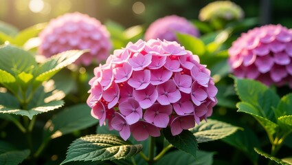 Pink hydrangea blooms in garden sunlight
