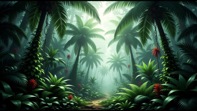 Misty tropical forest path with palm trees and lush greenery