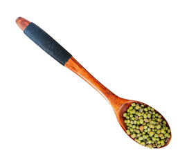 green beans in a wooden spoon isolated on white background