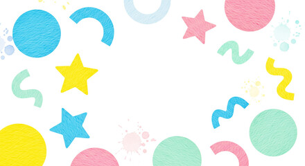 Playful Children's Day frame featuring colorful watercolor stars, circles, and squiggles on a white background.
