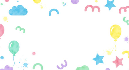 Festive Children's Day frame featuring watercolor balloons, clouds, and stars for a joyful celebration.