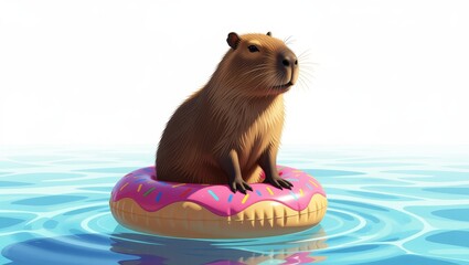 Capybara on donut float in calm water