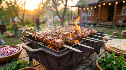 Close up of meat skewers grilling on a barbecue with flames. Shashlik cooking on open fire in a garden at sunset. Summer outdoor picnic with friends in background