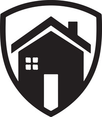 A black and white shield icon featuring a simple house silhouette inside