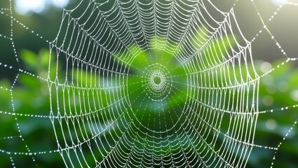 Dewcovered spider web with green foliage