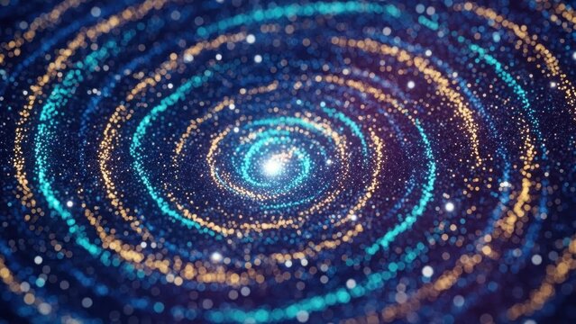 A vibrant, colorful spiral galaxy with a star at its center, set against a dark, starry backdrop.