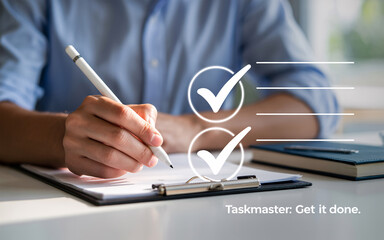 Hand with stylus completing tasks on a digital checklist on clipboard to-do list completion